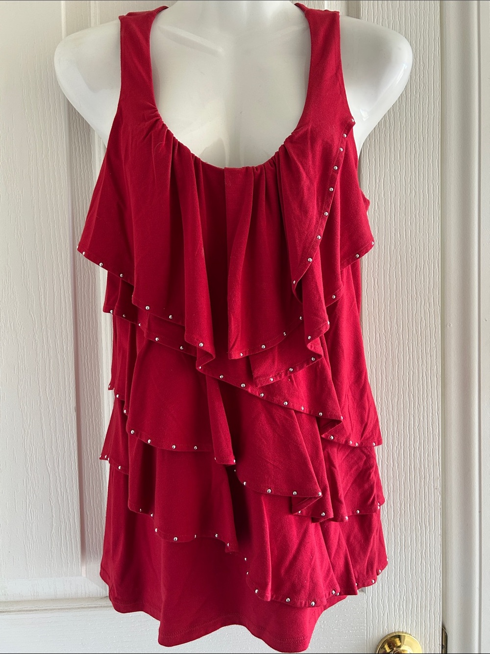 White House Black Market Red Tiered Ruffle Tank with Studs